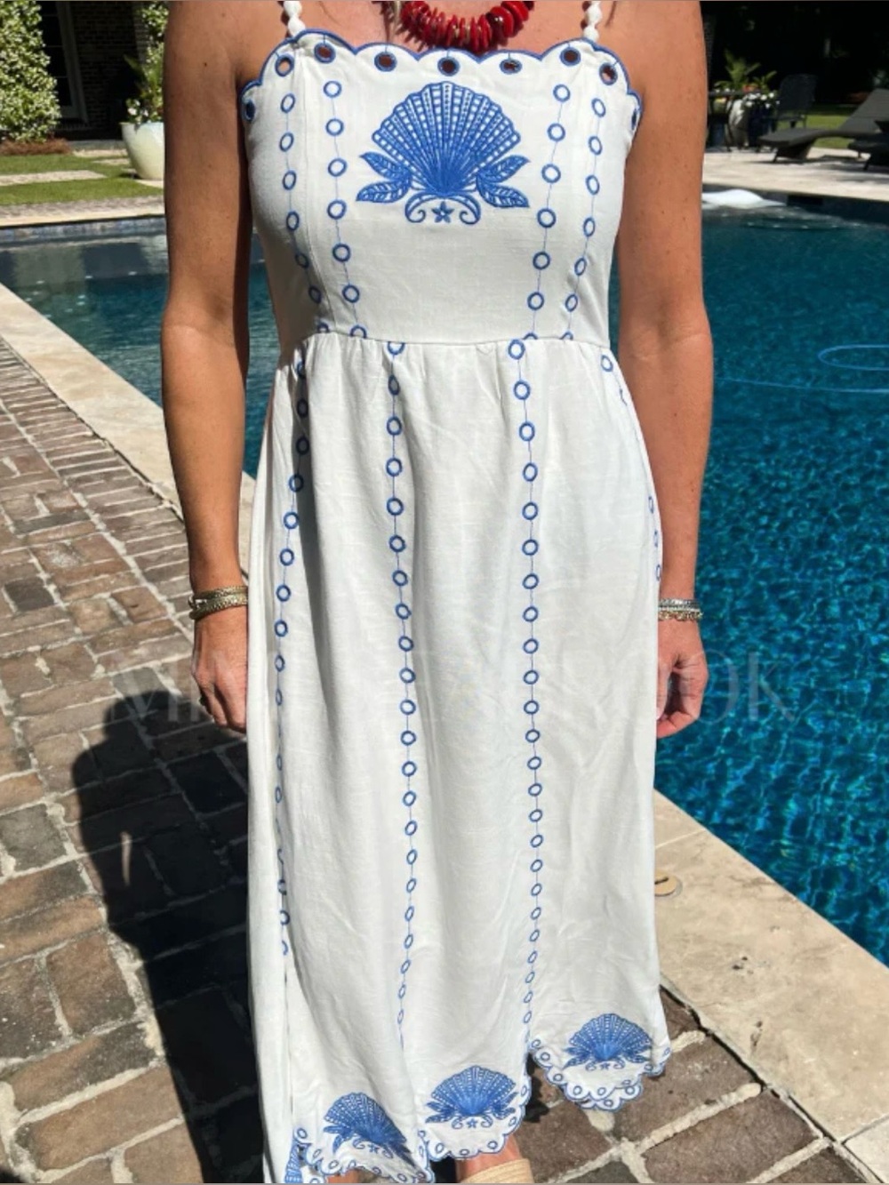 Fate Truro White Maxi Dress with Blue Shell Embroidery